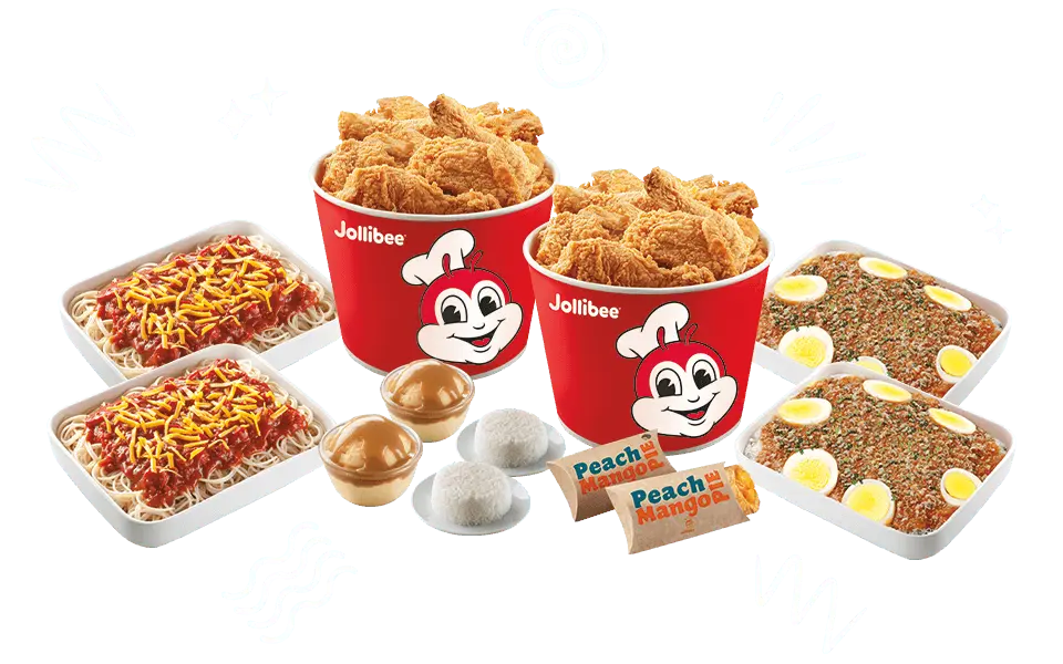 Jollibee catering package of fried chicken buckets, jolly spaghetti, and palabok