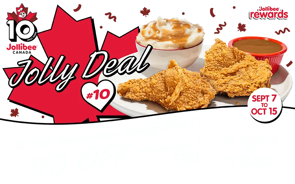 Jolly deal #10 graphic with '$10 off when you spend $30' text, two pieces of fried chicken with gravy and mashed potatoes, and a red maple leaf with confetti on a transparent background.