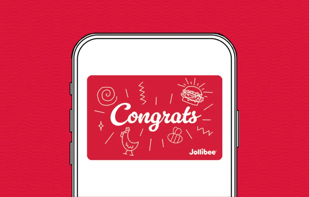 Jollibee digital gift card with a Congrats text on it on a red background